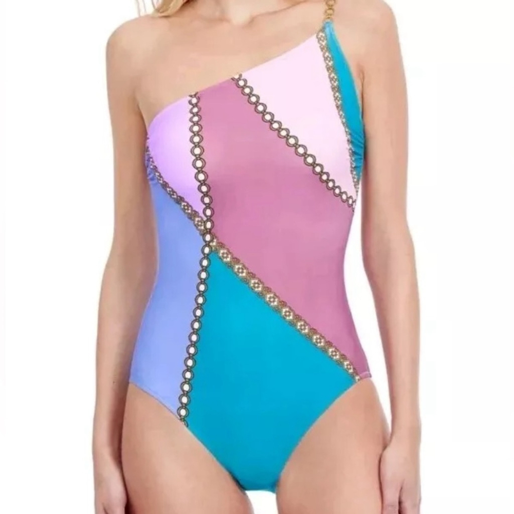 Gottex One-Shoulder Colorblock Swimsuit in Teal, Lavender, Pink NWT